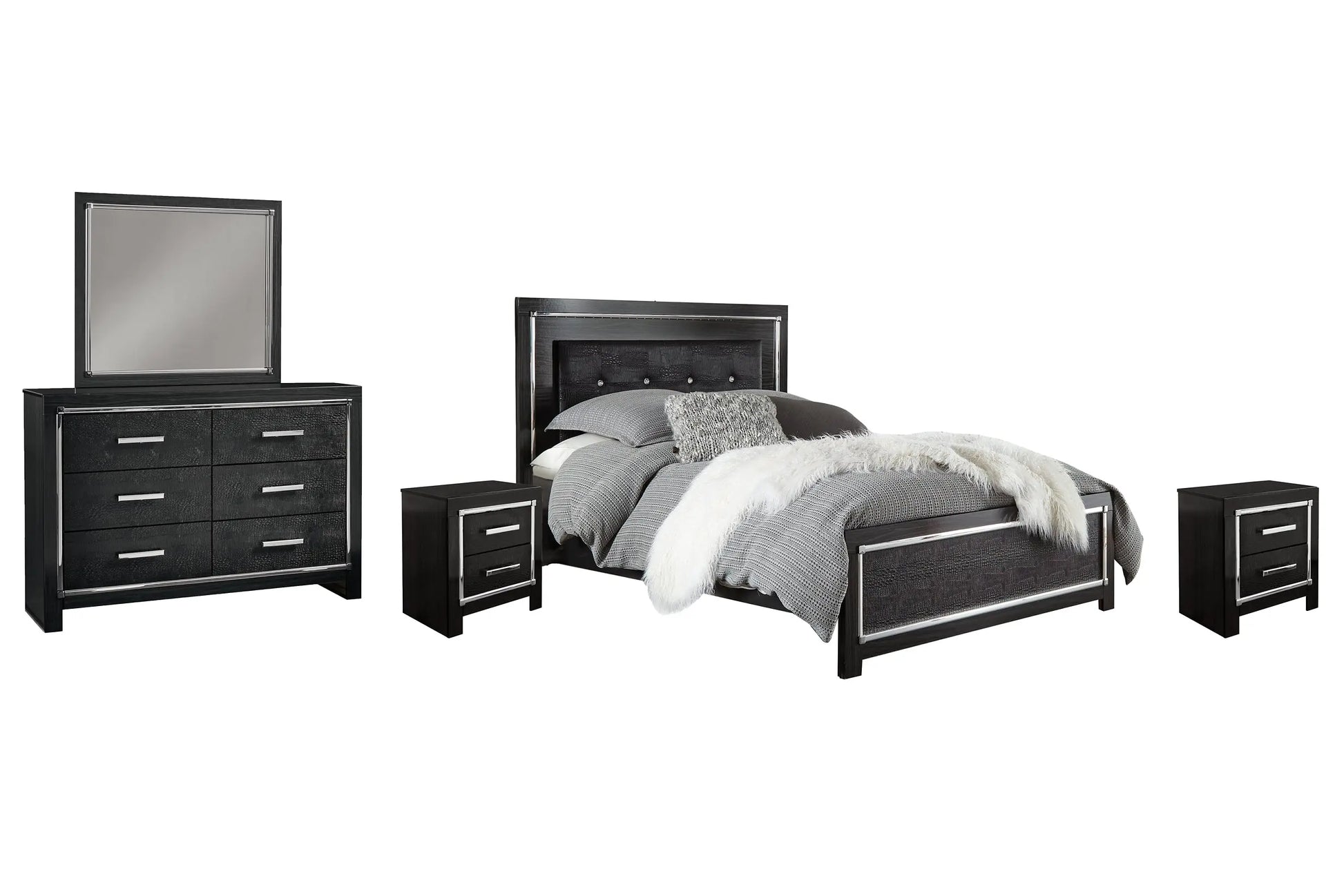 Kaydell King Upholstered Panel Bed with Mirrored Dresser and 2 Nightstands at Lee Furniture, NC