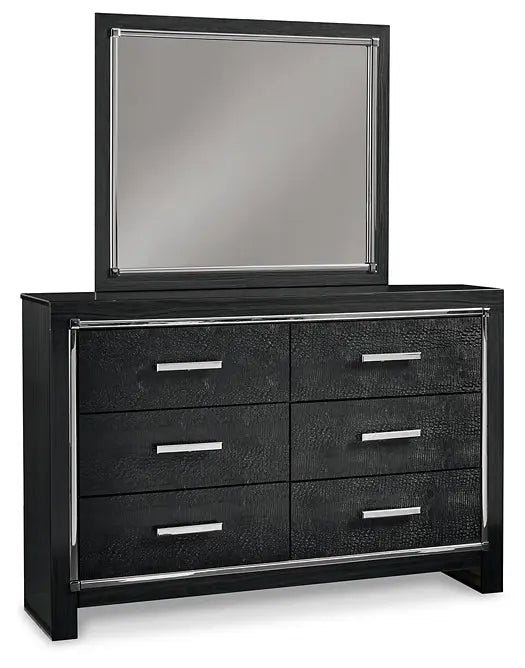 Kaydell Queen/Full Upholstered Panel Headboard with Mirrored Dresser and 2 Nightstands at Lee Furniture, NC