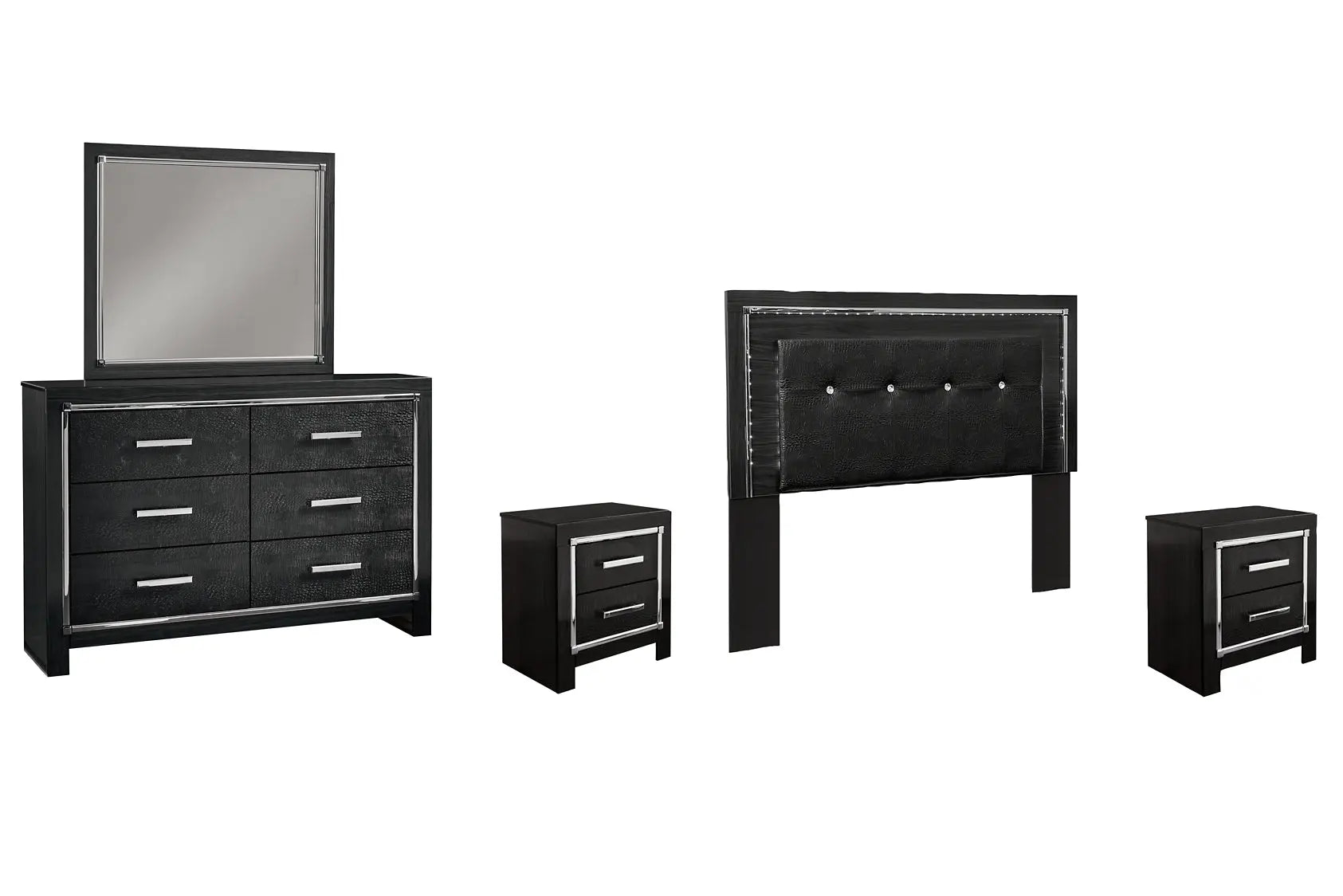 Kaydell Queen/Full Upholstered Panel Headboard with Mirrored Dresser and 2 Nightstands at Lee Furniture, NC