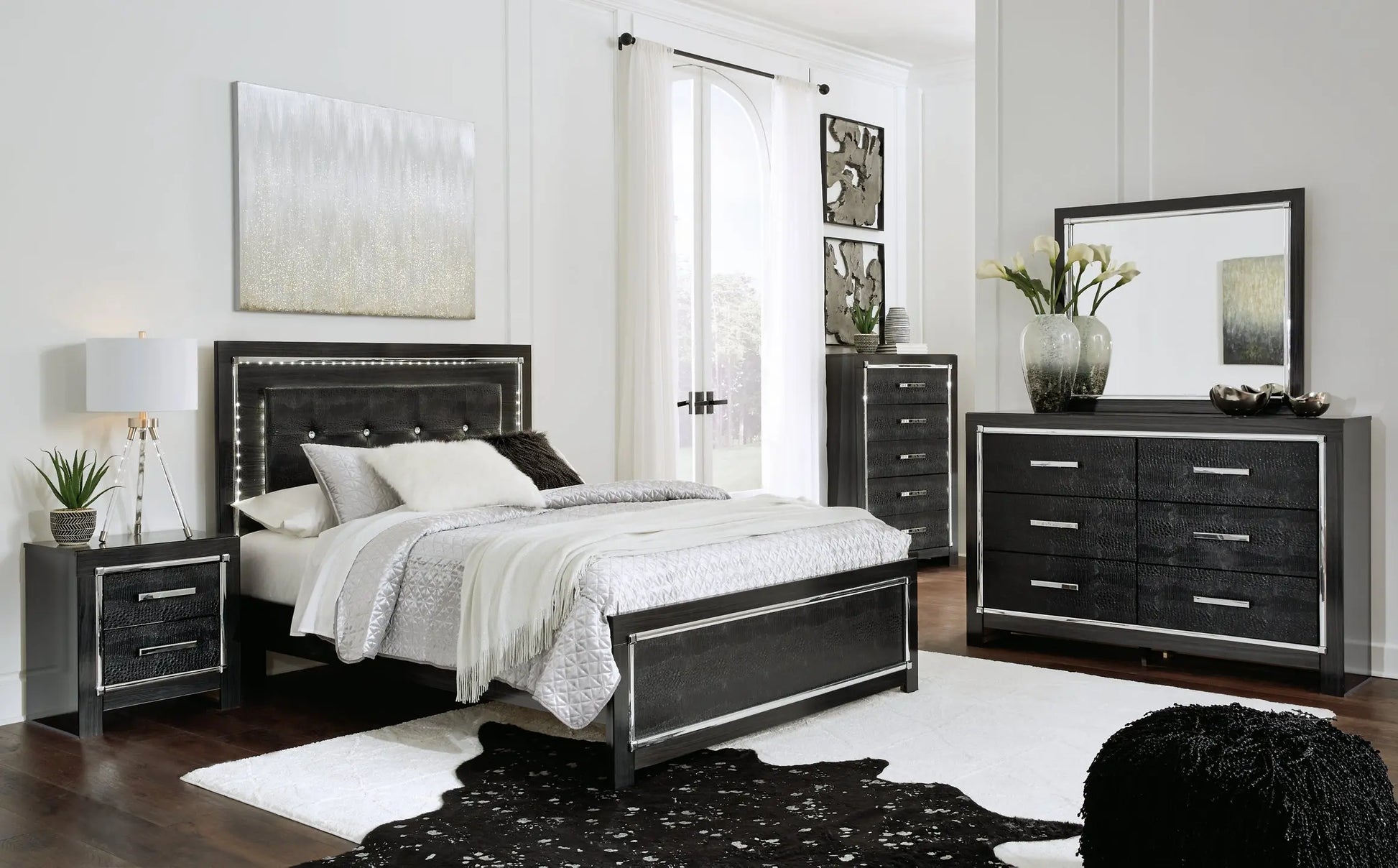 Kaydell Queen/Full Upholstered Panel Headboard with Mirrored Dresser and 2 Nightstands at Lee Furniture, NC