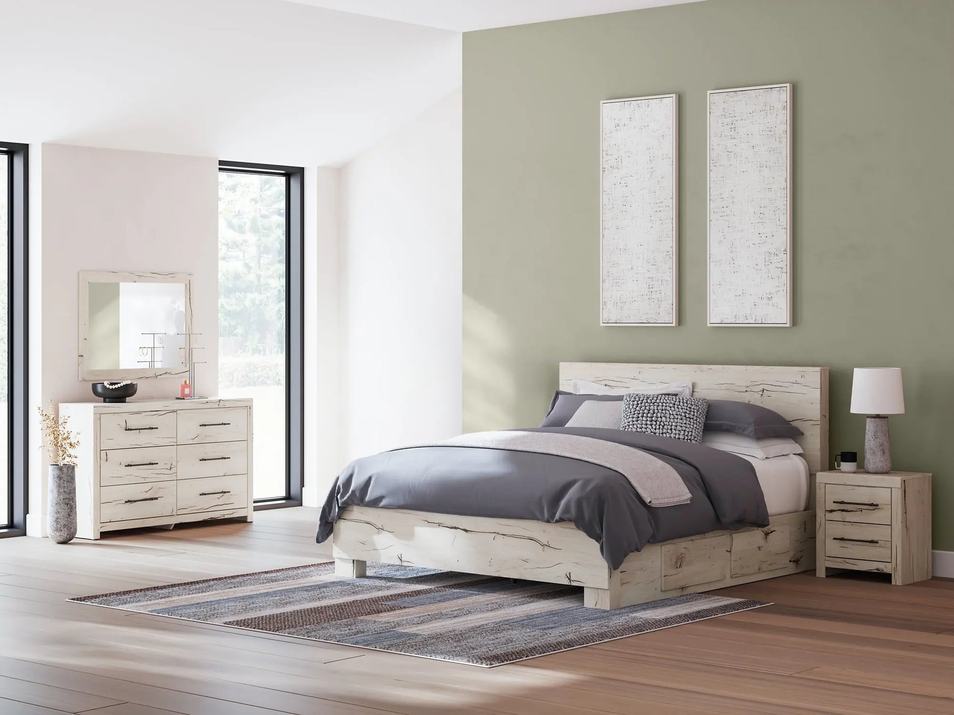 Lawroy King Panel Bed with Mirrored Dresser and Nightstand at Lee Furniture, NC