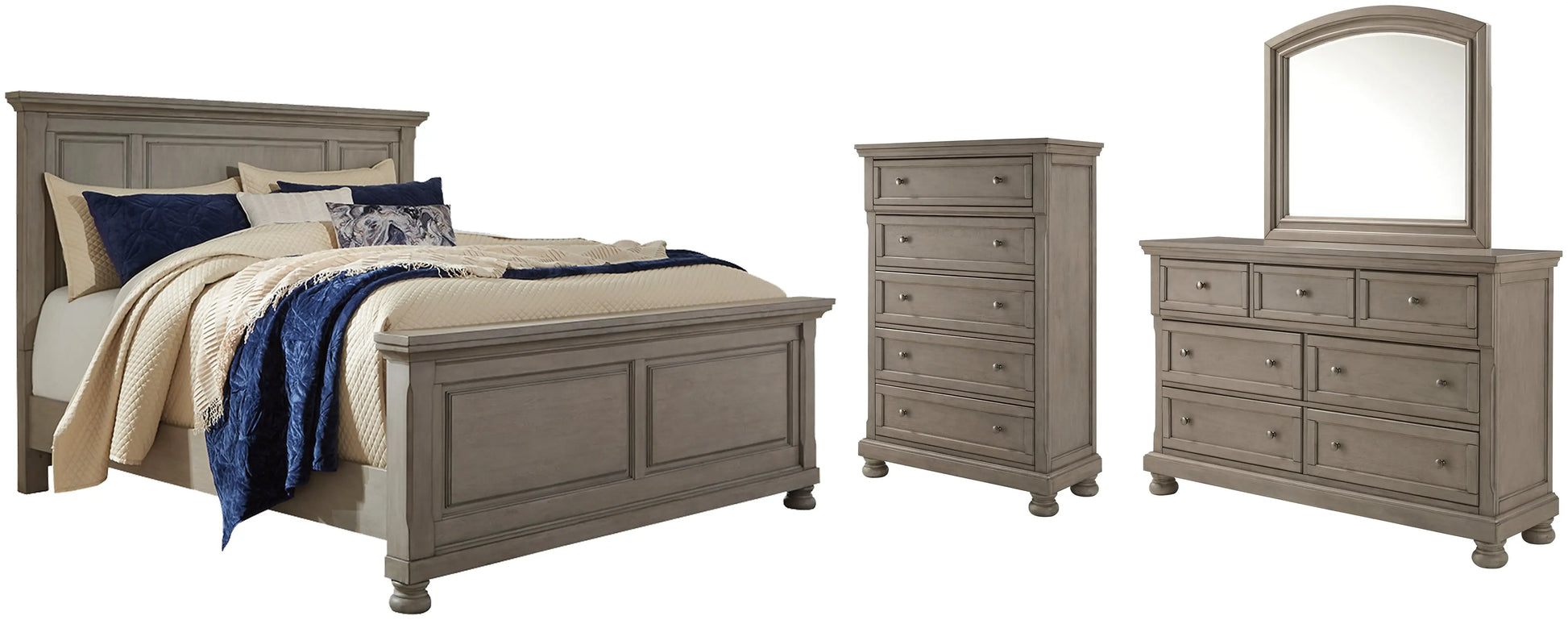 Lettner California King Panel Bed with Mirrored Dresser and Chest at Lee Furniture, NC