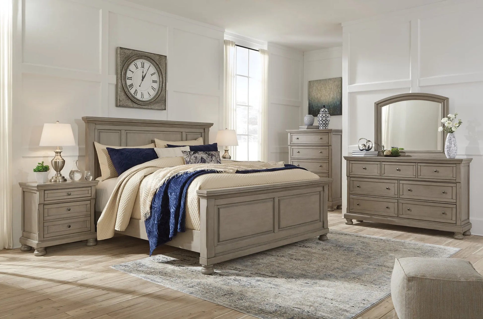 Lettner California King Panel Bed with Mirrored Dresser and Chest at Lee Furniture, NC