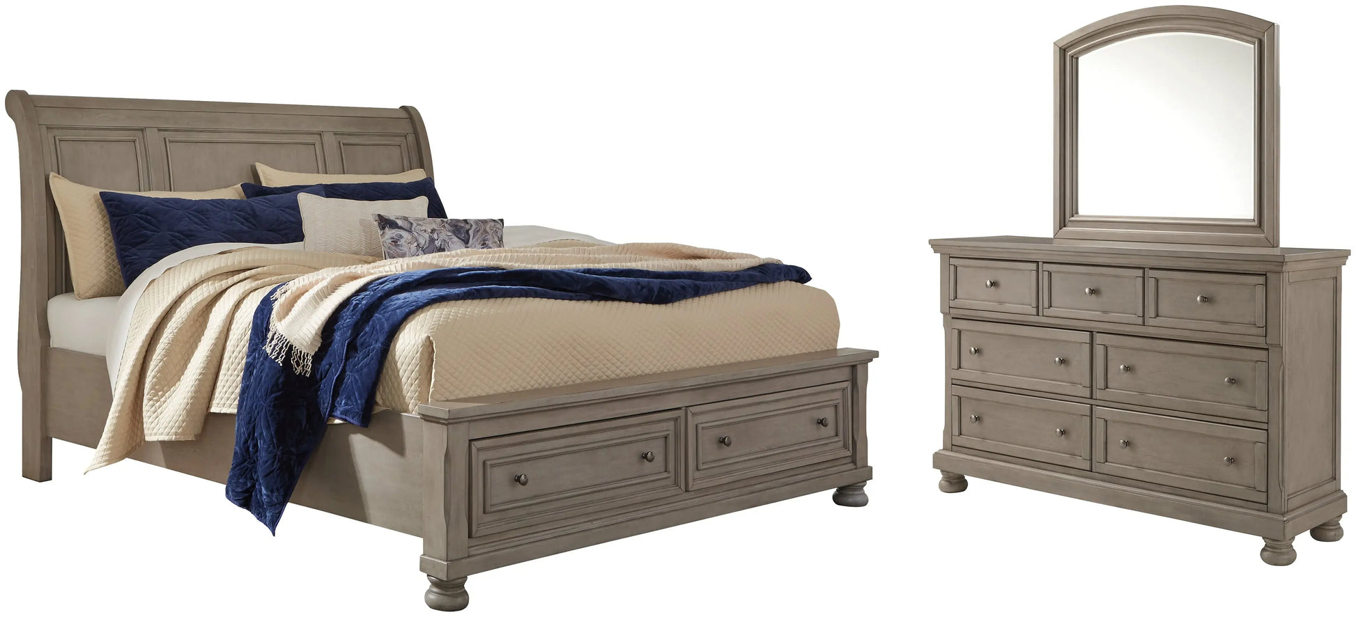Lettner California King Sleigh Bed with Mirrored Dresser at Lee Furniture, NC