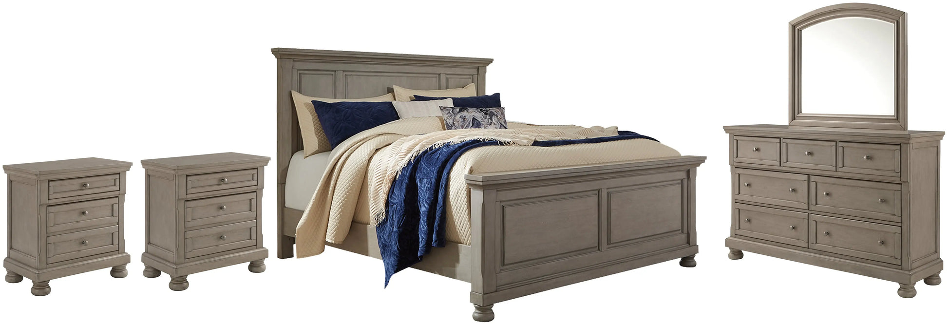 Lettner King Panel Bed with Mirrored Dresser and 2 Nightstands at Lee Furniture, NC