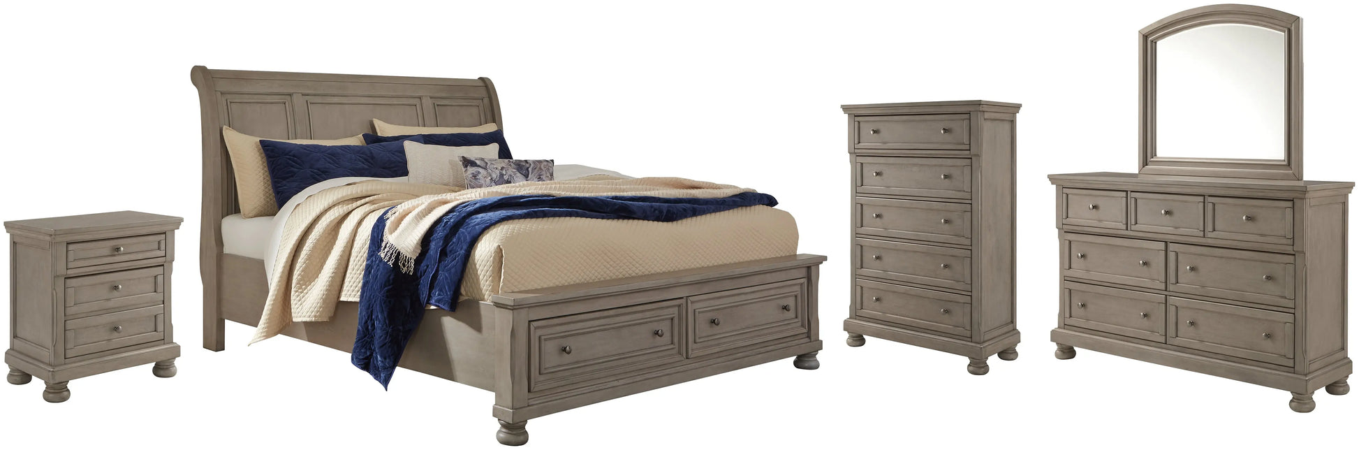 Lettner King Sleigh Bed with 2 Storage Drawers with Mirrored Dresser, Chest and Nightstand at Lee Furniture, NC