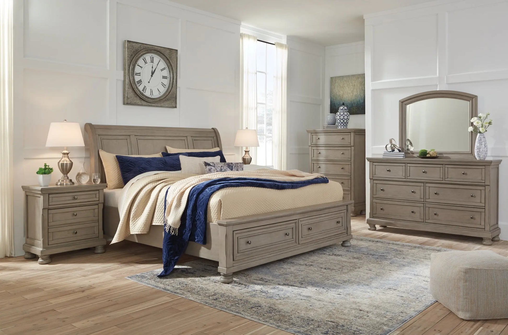 Lettner King Sleigh Bed with 2 Storage Drawers with Mirrored Dresser and Chest at Lee Furniture, NC
