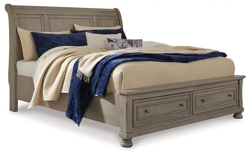 Lettner King Sleigh Bed with 2 Storage Drawers with Mirrored Dresser and Chest at Lee Furniture, NC