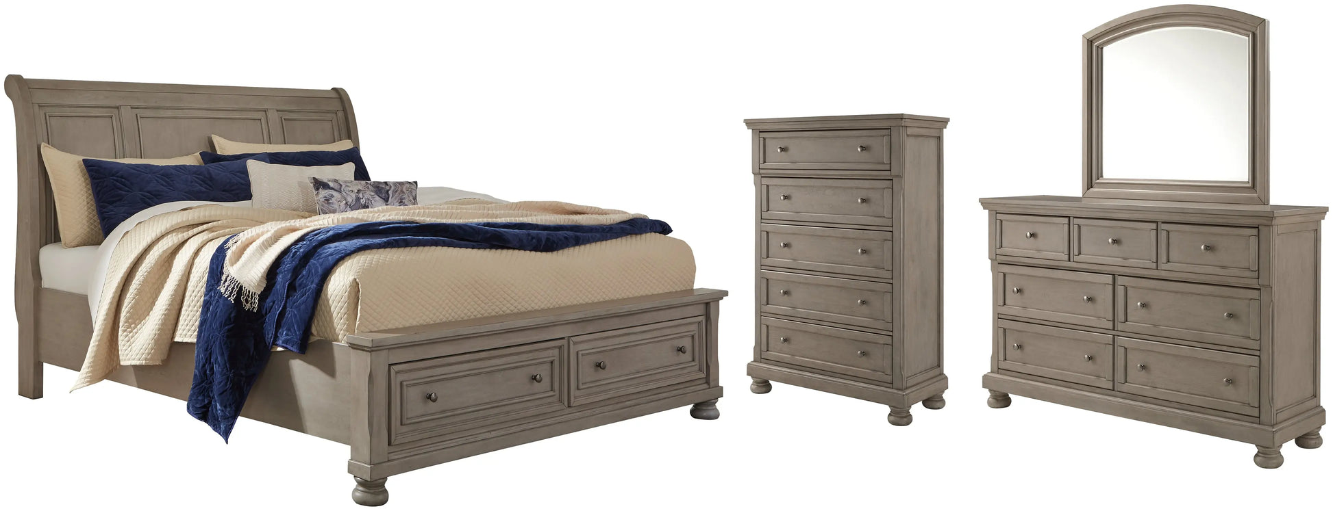 Lettner King Sleigh Bed with 2 Storage Drawers with Mirrored Dresser and Chest at Lee Furniture, NC