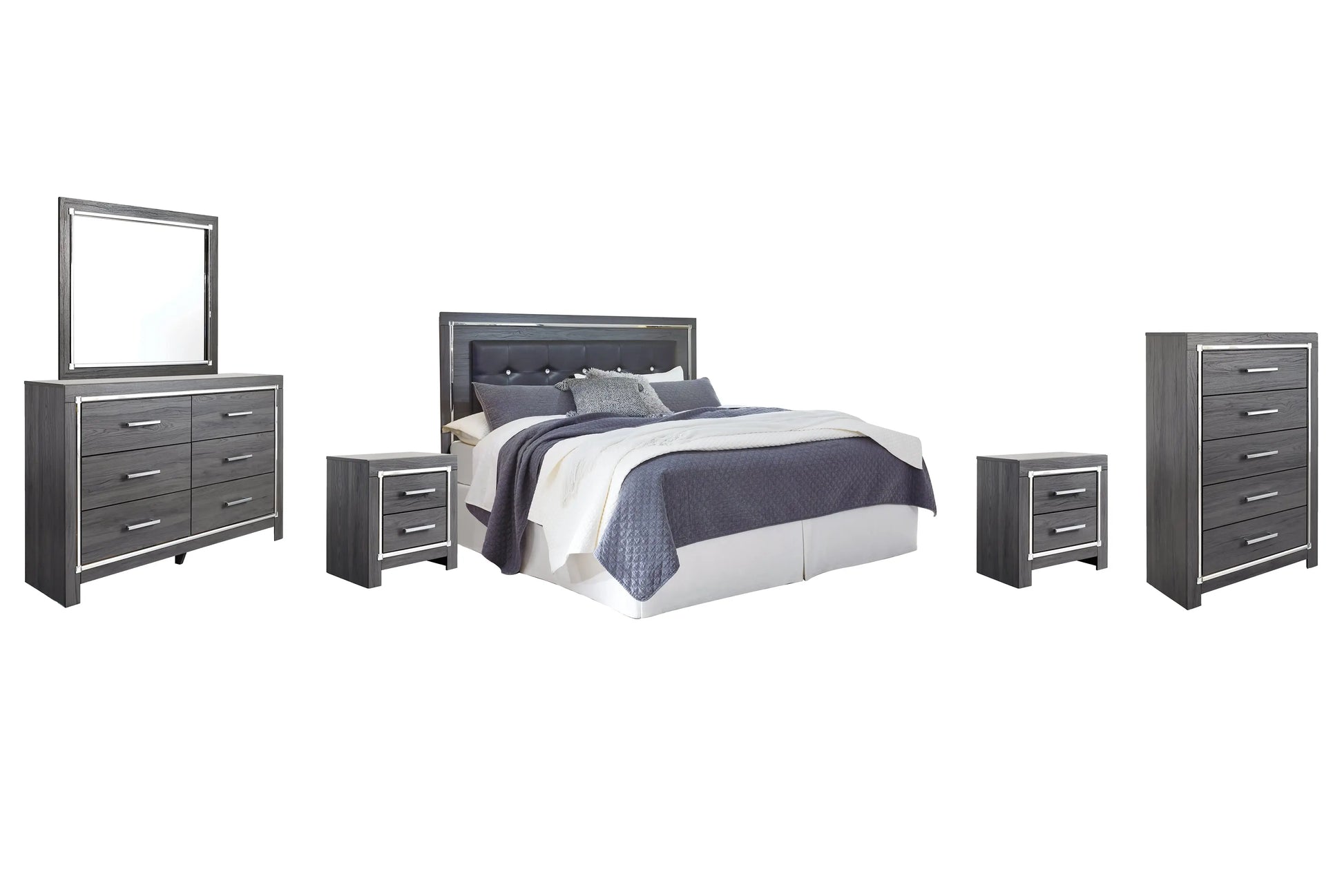 Lodanna King/California King Upholstered Panel Headboard with Mirrored Dresser, Chest and 2 Nightstands at Lee Furniture, NC