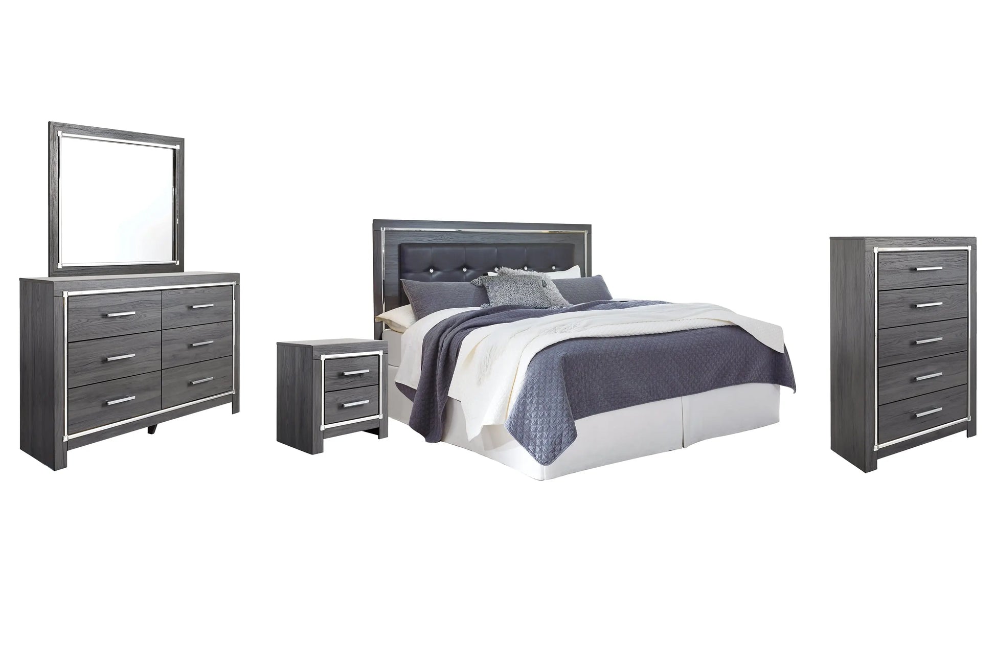 Lodanna King/California King Upholstered Panel Headboard with Mirrored Dresser, Chest and Nightstand at Lee Furniture, NC