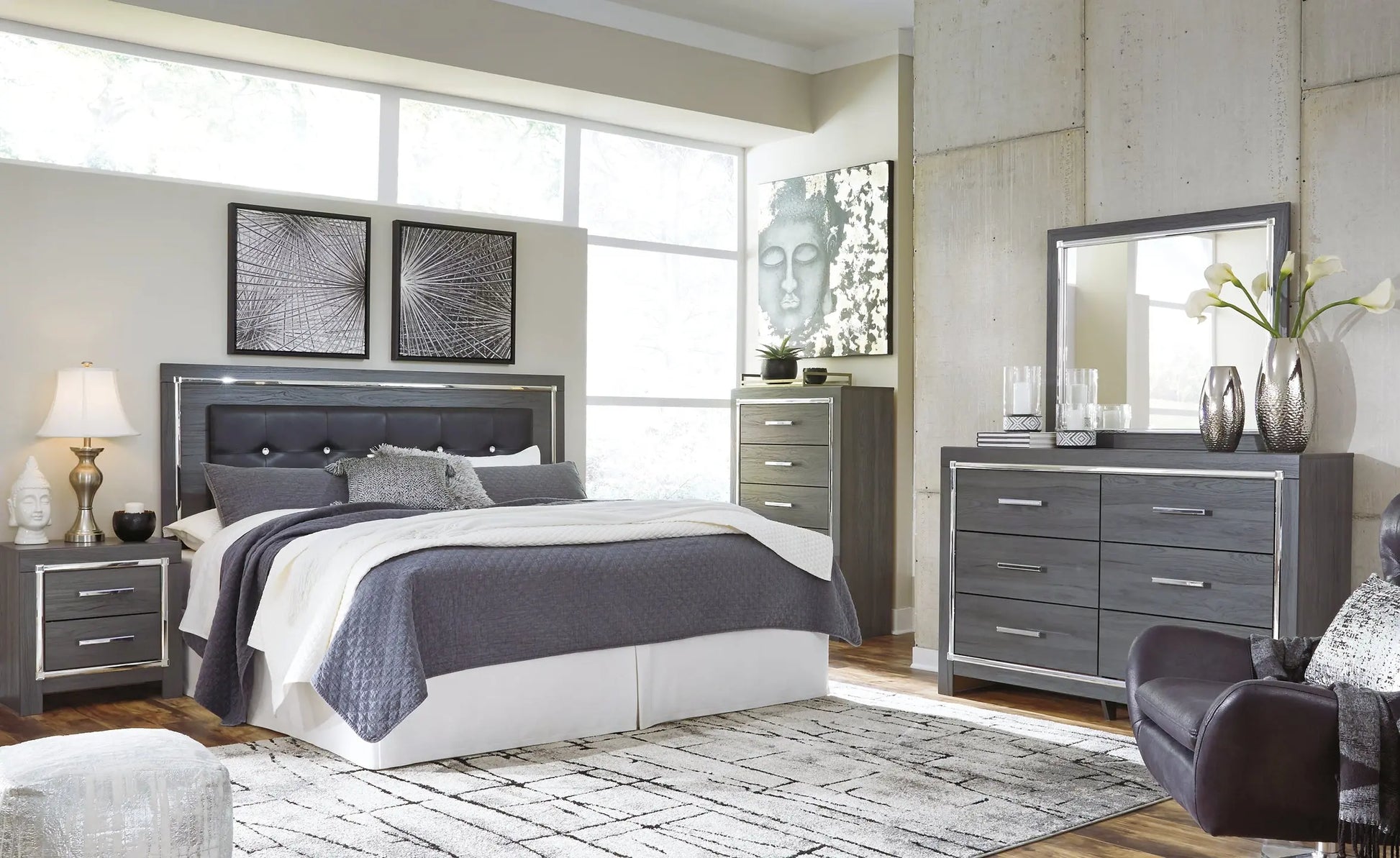 Lodanna King/California King Upholstered Panel Headboard with Mirrored Dresser, Chest and Nightstand at Lee Furniture, NC