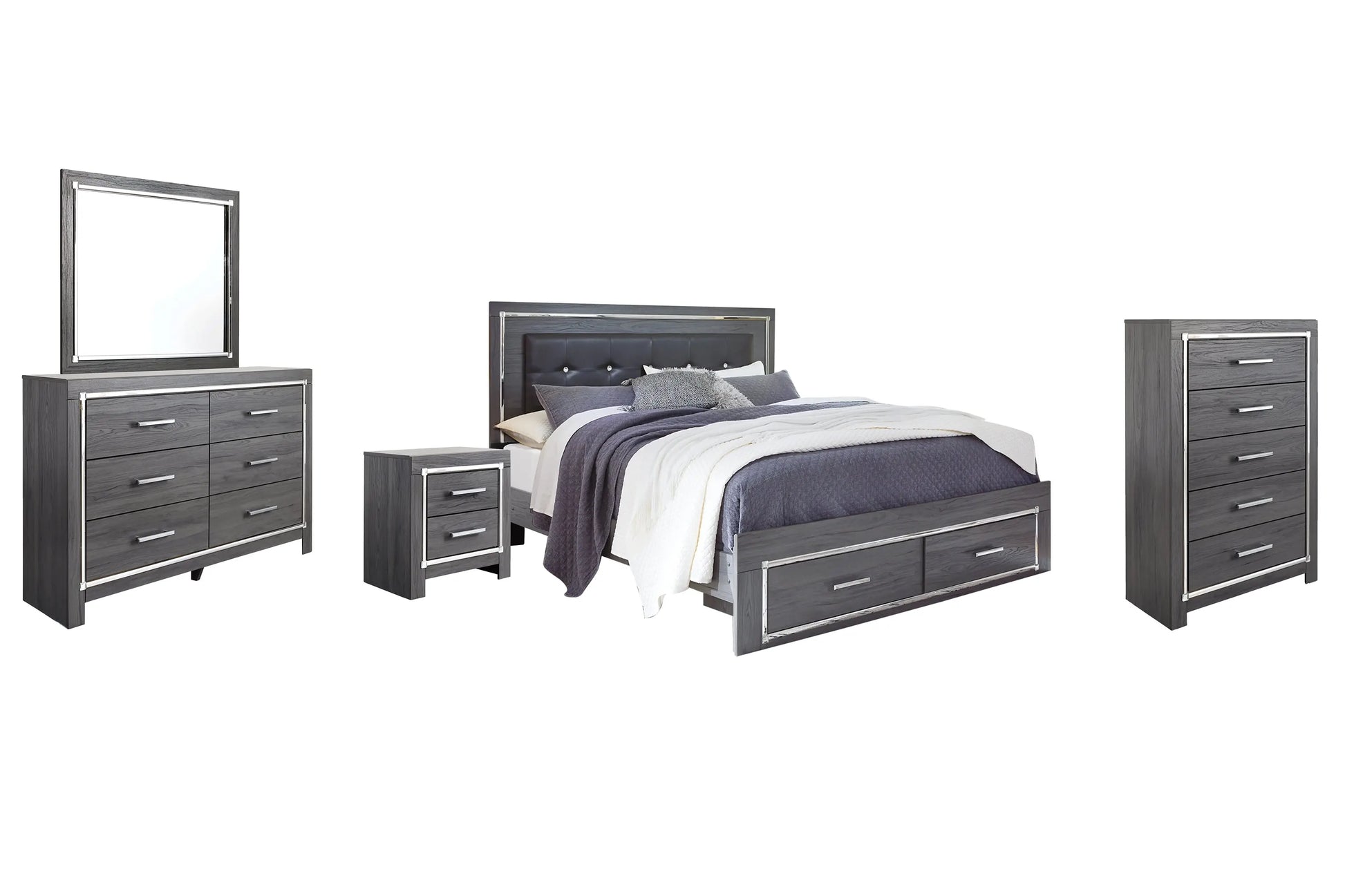 Lodanna King Panel Bed with 2 Storage Drawers with Mirrored Dresser, Chest and Nightstand at Lee Furniture, NC