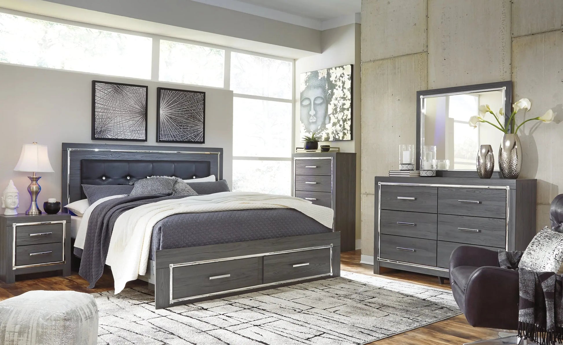 Lodanna King Panel Bed with 2 Storage Drawers with Mirrored Dresser and 2 Nightstands at Lee Furniture, NC
