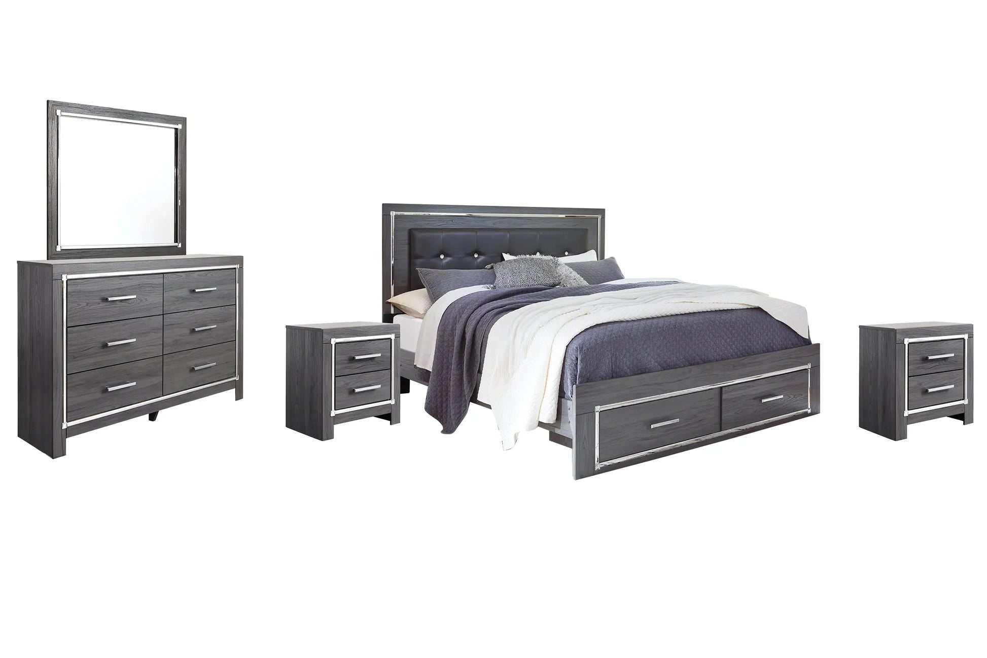 Lodanna King Panel Bed with 2 Storage Drawers with Mirrored Dresser and 2 Nightstands at Lee Furniture, NC