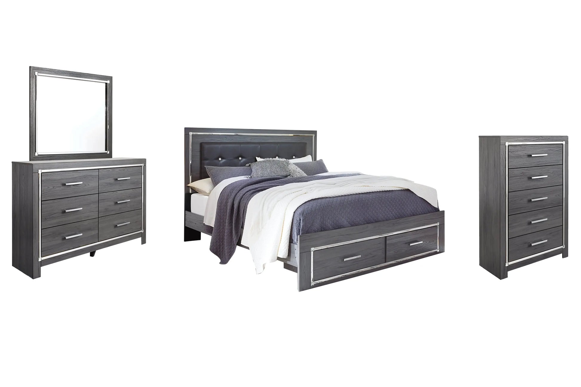 Lodanna King Panel Bed with 2 Storage Drawers with Mirrored Dresser and 2 Nightstands at Lee Furniture, NC