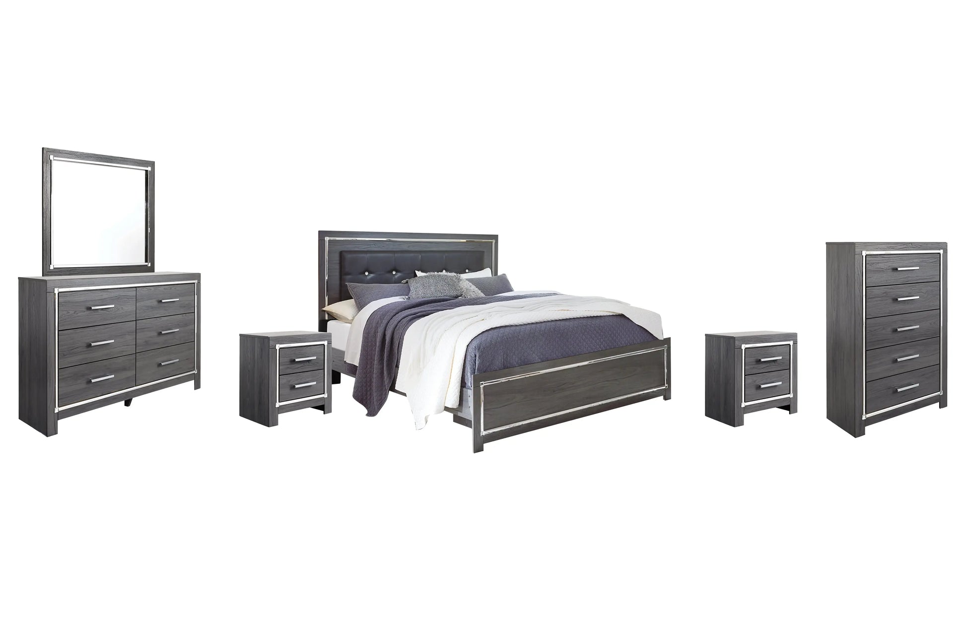 Lodanna King Panel Bed with Mirrored Dresser, Chest and Nightstand at Lee Furniture, NC