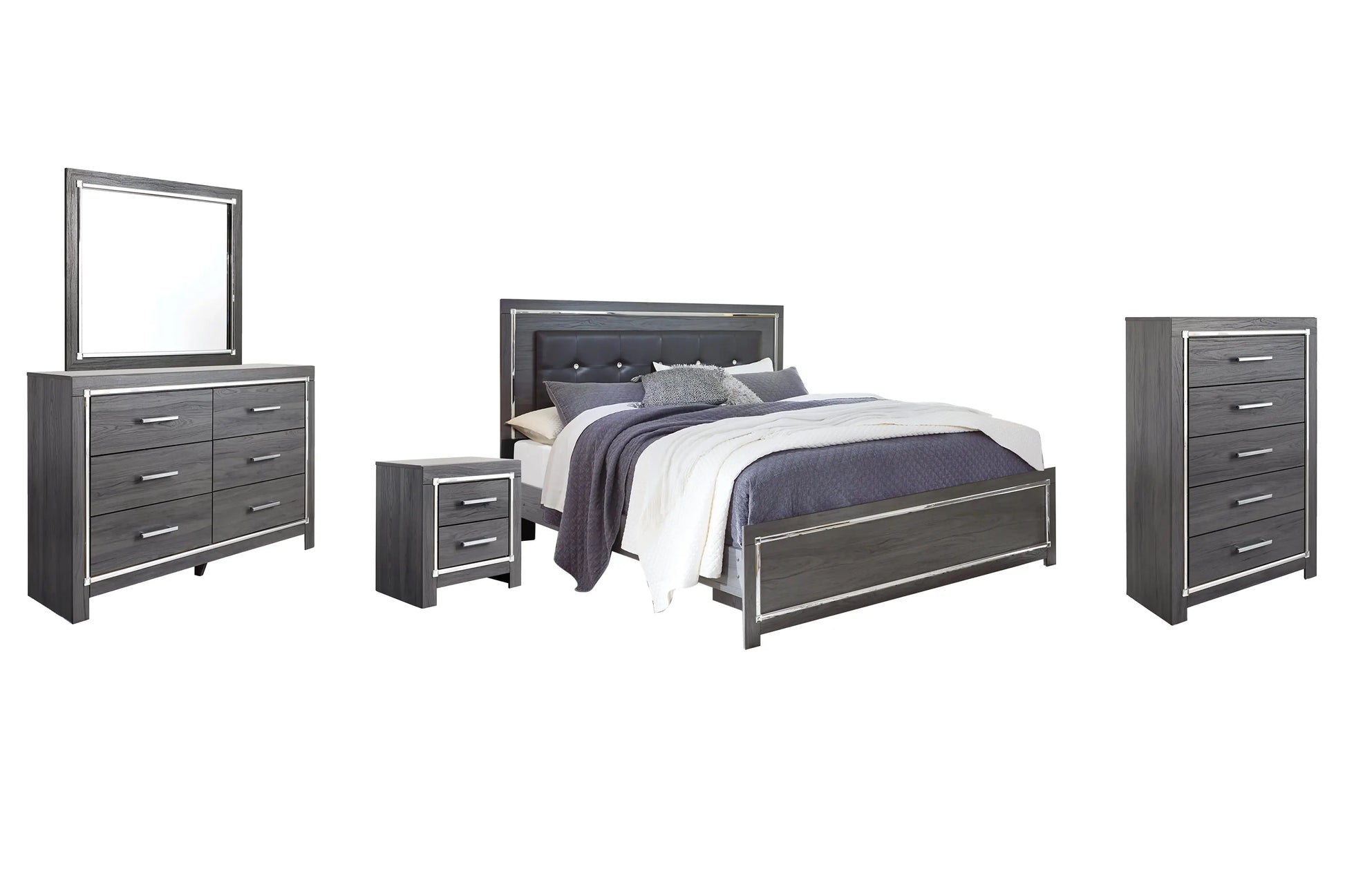 Lodanna King Panel Bed with Mirrored Dresser, Chest and Nightstand at Lee Furniture, NC