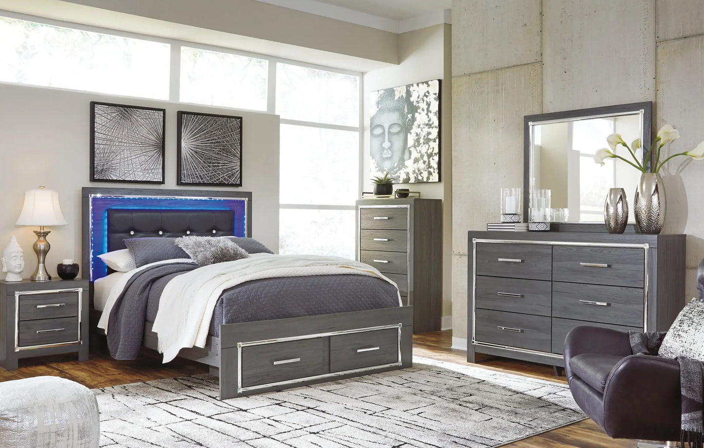 Lodanna Panel Bed With 2 Storage Drawers With Mirrored Dresser And Chest at Lee Furniture, NC