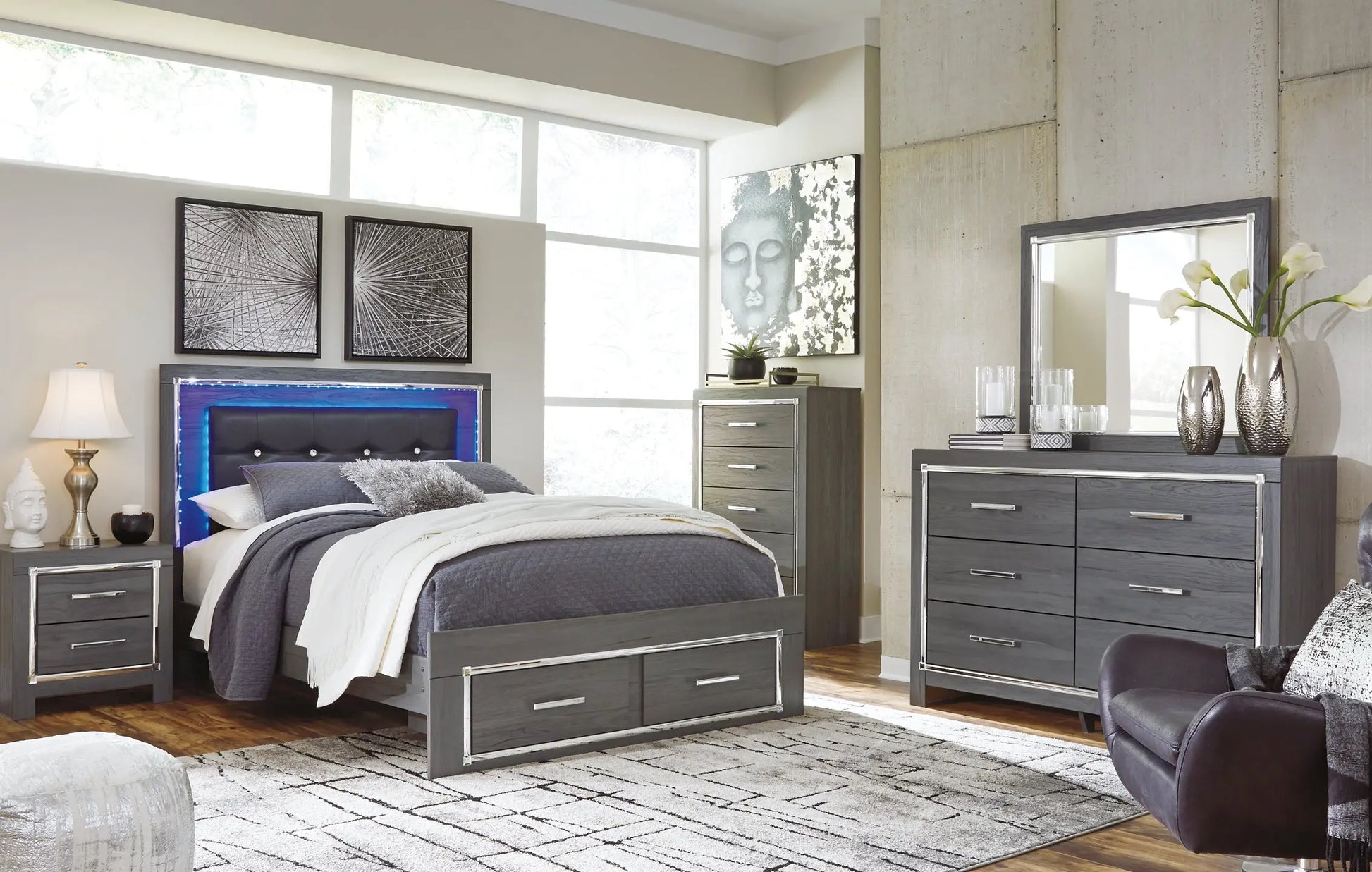 Lodanna Panel Bed With 2 Storage Drawers With Mirrored Dresser And Chest at Lee Furniture, NC