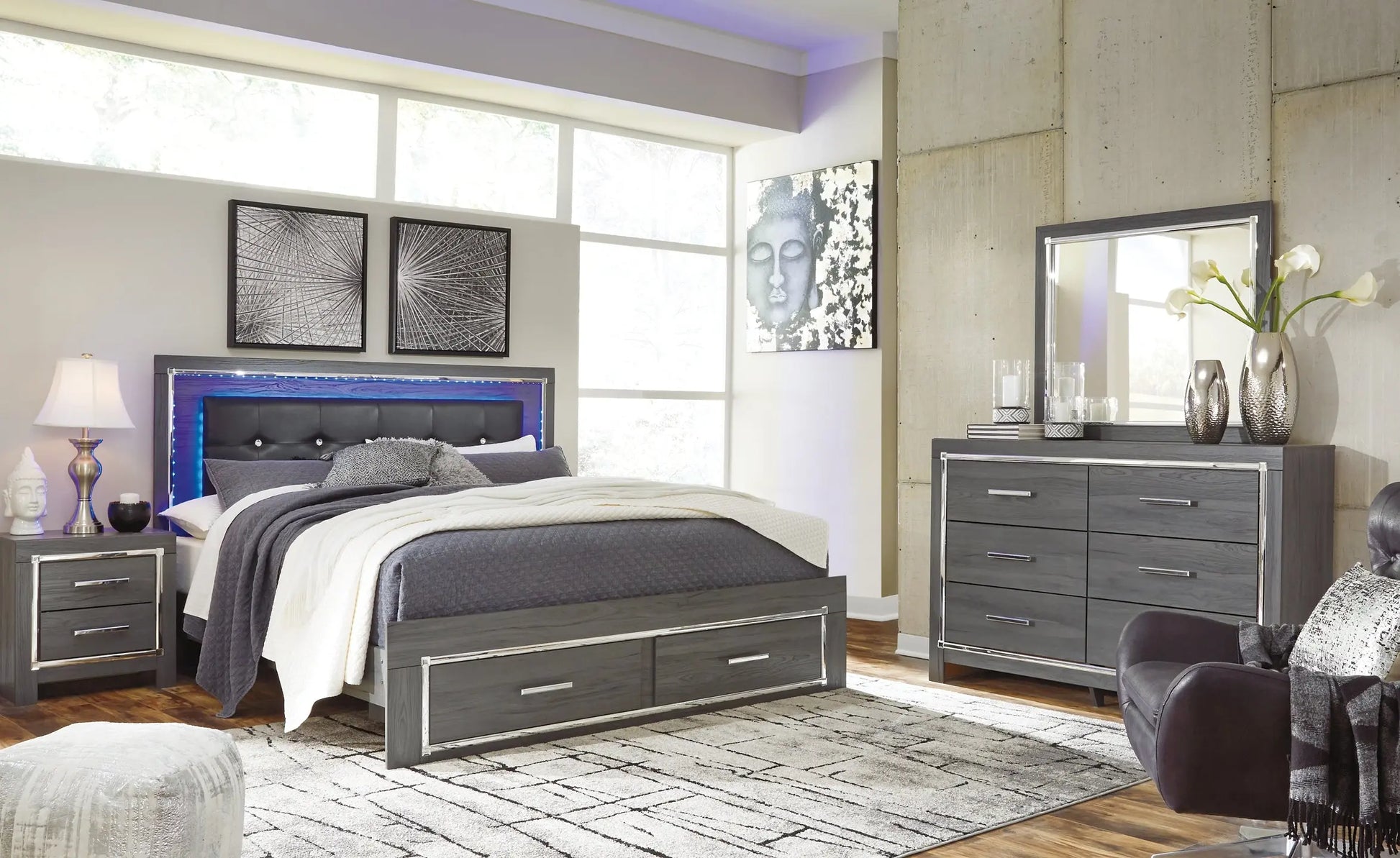 Lodanna Panel Bed With 2 Storage Drawers With Mirrored Dresser at Lee Furniture, NC