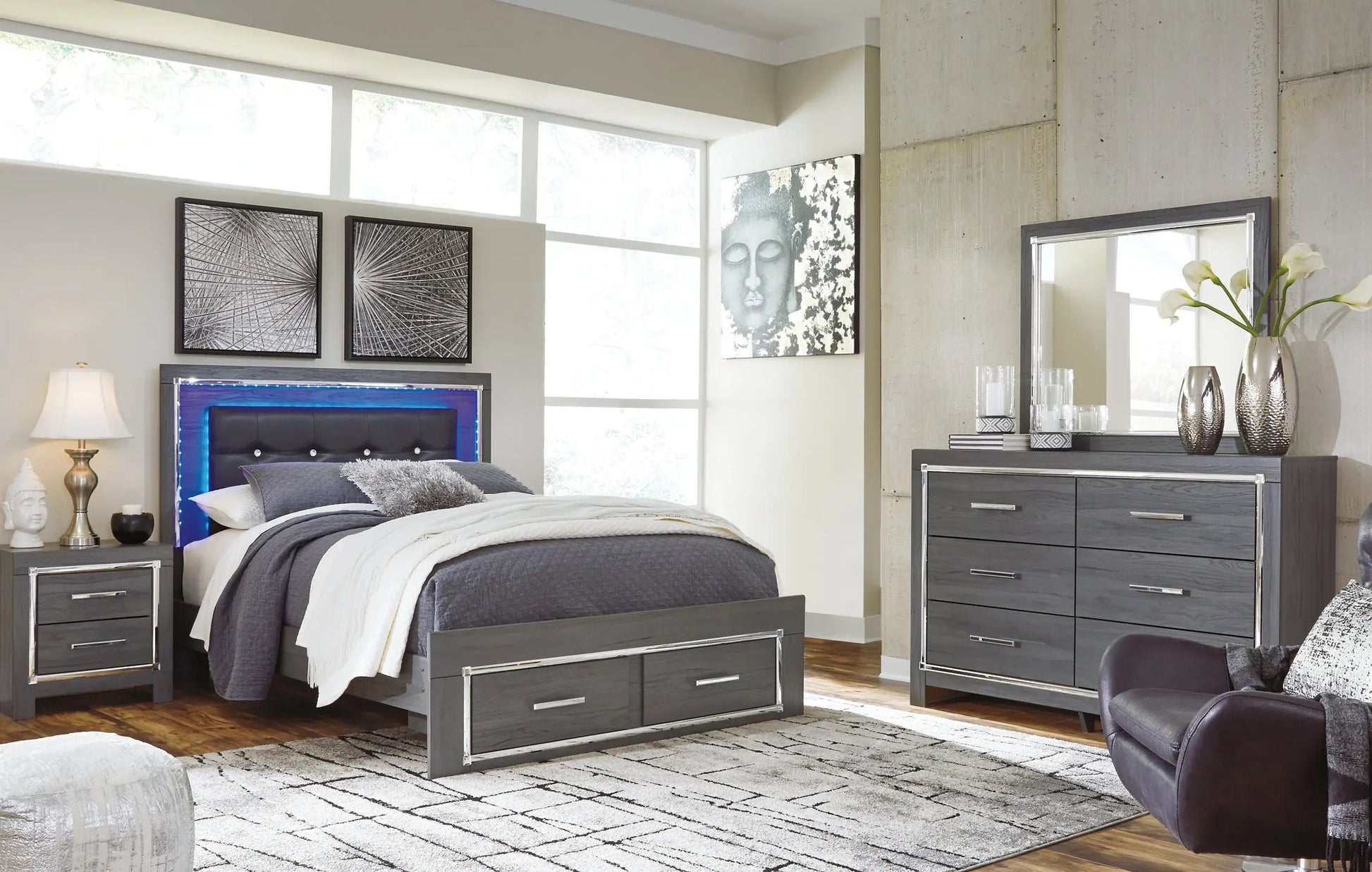 Lodanna Panel Bed With 2 Storage Drawers With Mirrored Dresser at Lee Furniture, NC