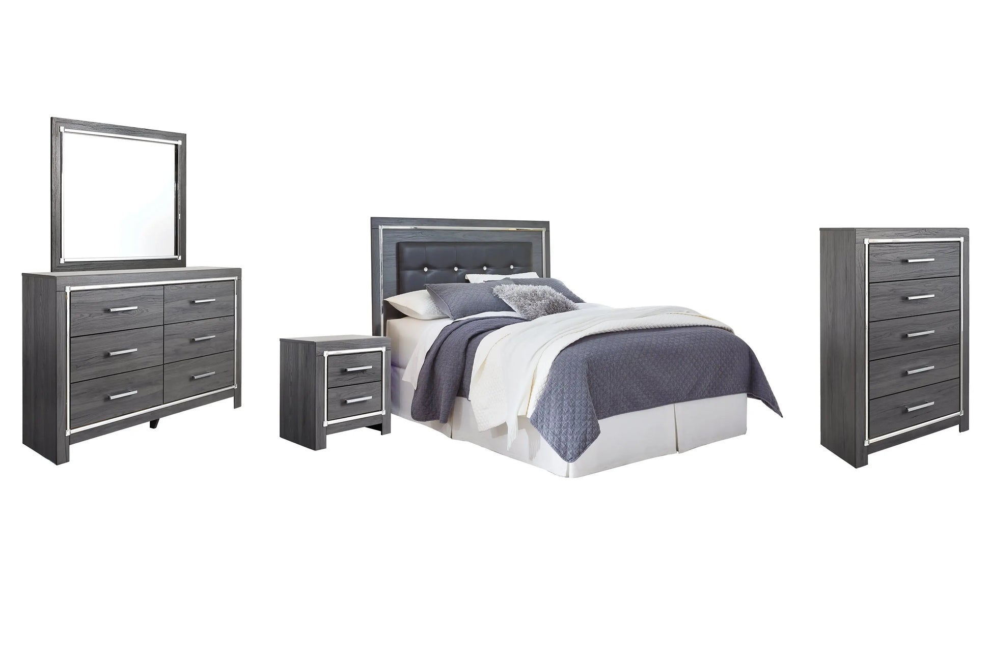 Lodanna Queen/Full Upholstered Panel Headboard with Mirrored Dresser, Chest and Nightstand at Lee Furniture, NC