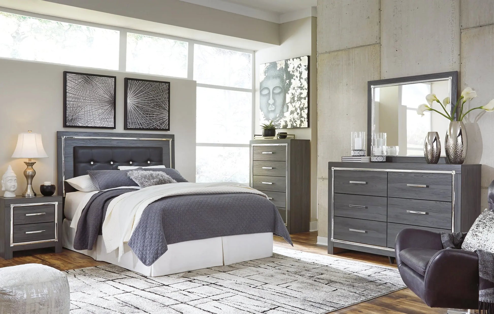 Lodanna Queen/Full Upholstered Panel Headboard with Mirrored Dresser, Chest and Nightstand at Lee Furniture, NC