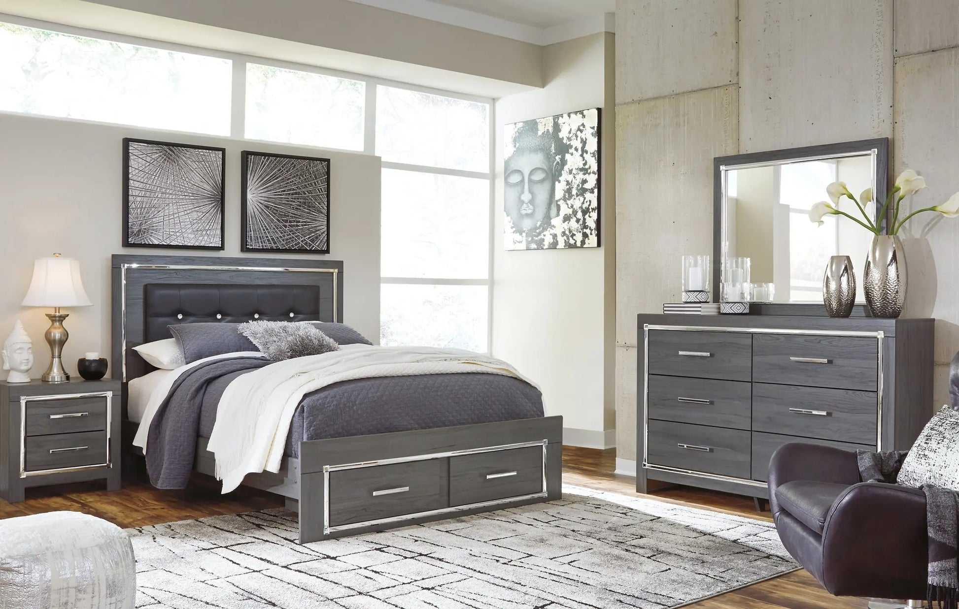 Lodanna Queen Panel Bed with 2 Storage Drawers with Mirrored Dresser, Chest and 2 Nightstands at Lee Furniture, NC