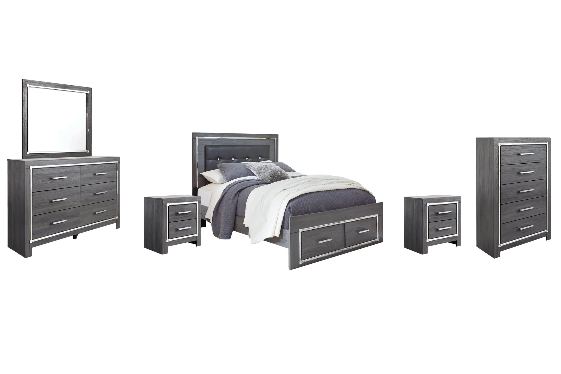 Lodanna Queen Panel Bed with 2 Storage Drawers with Mirrored Dresser, Chest and 2 Nightstands at Lee Furniture, NC