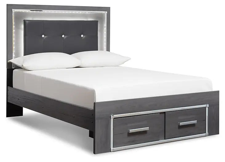 Lodanna Queen Panel Bed with 2 Storage Drawers with Mirrored Dresser, Chest and 2 Nightstands at Lee Furniture, NC