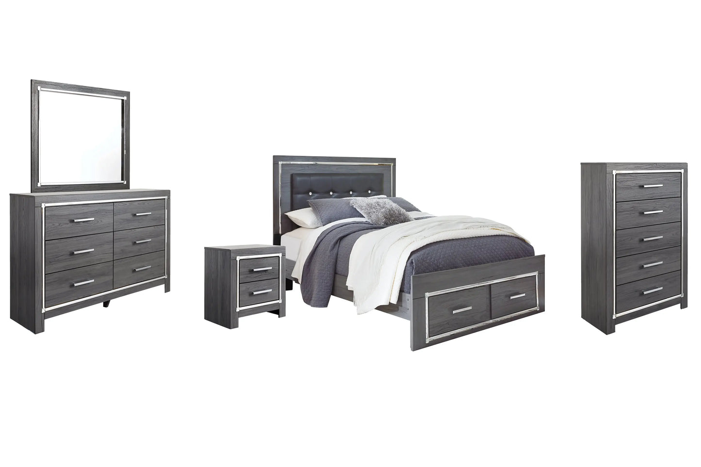 Lodanna Queen Panel Bed with 2 Storage Drawers with Mirrored Dresser, Chest and Nightstand at Lee Furniture, NC