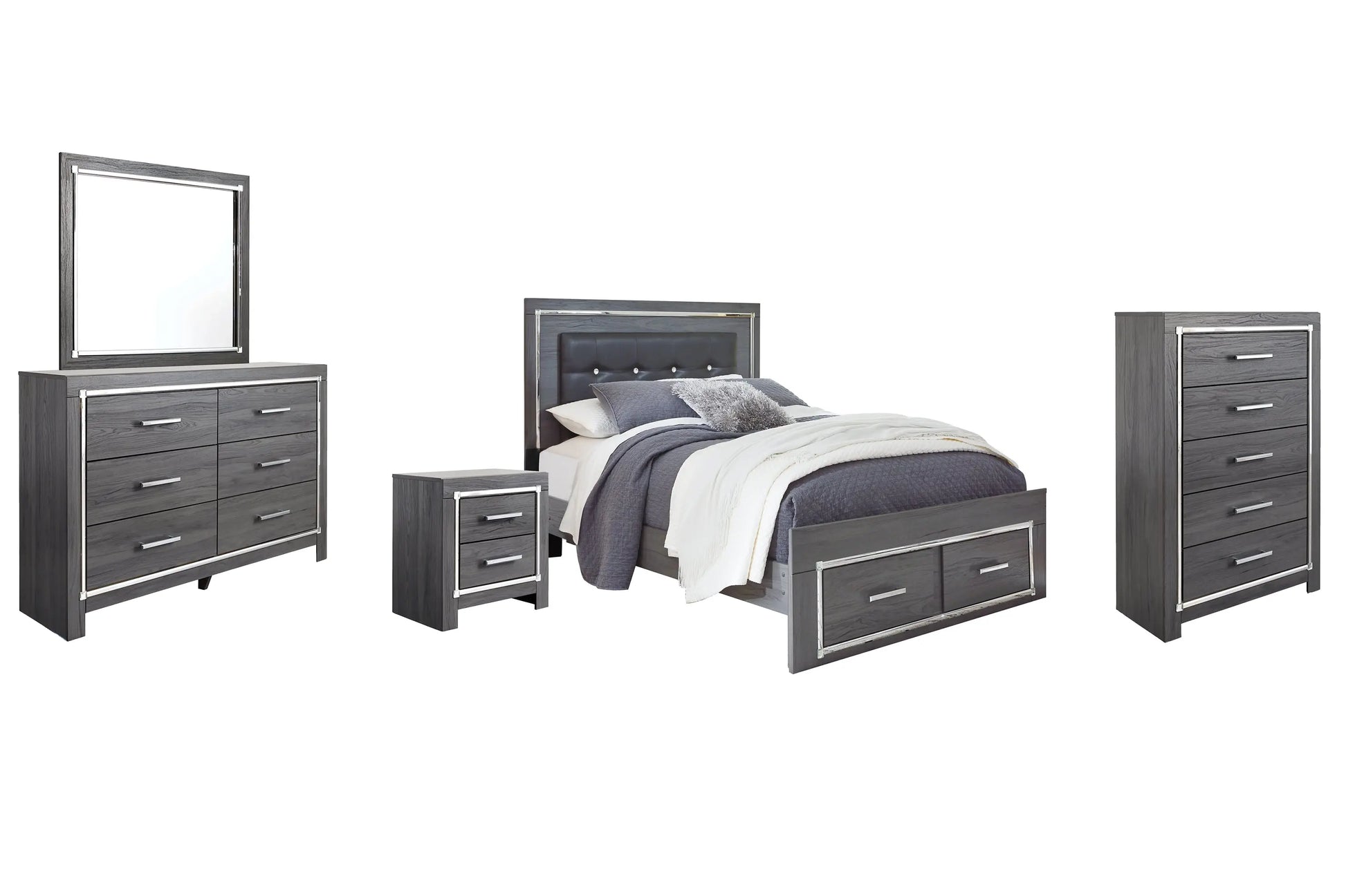 Lodanna Queen Panel Bed with 2 Storage Drawers with Mirrored Dresser, Chest and Nightstand at Lee Furniture, NC