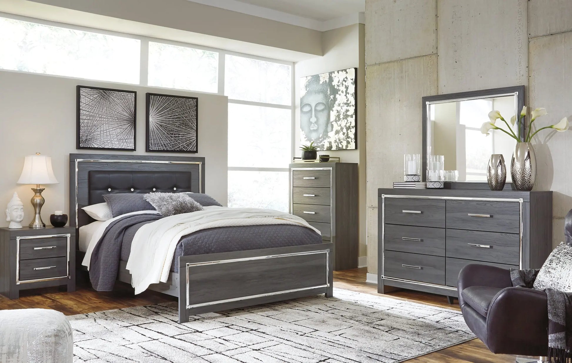 Lodanna Queen Panel Bed with Mirrored Dresser and Chest at Lee Furniture, NC