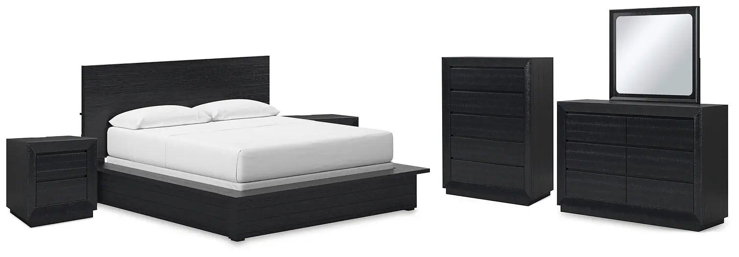 Londer California King Panel Bed with Mirrored Dresser, Chest and 2 Nightstands at Lee Furniture, NC