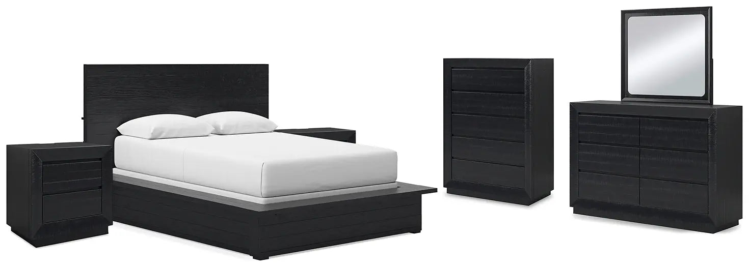 Londer Queen Panel Bed with Mirrored Dresser, Chest and 2 Nightstands at Lee Furniture, NC