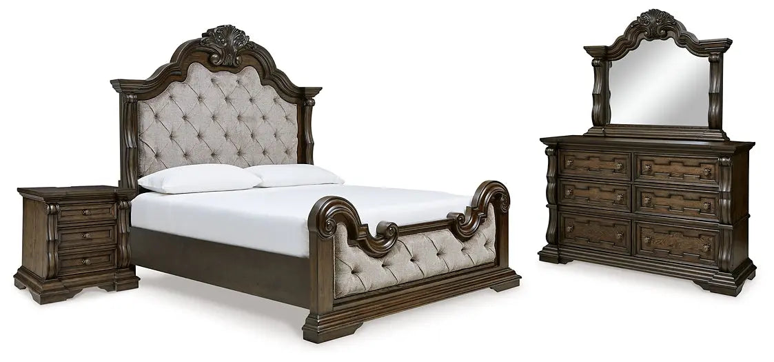 Maylee Queen Upholstered Bed with Mirrored Dresser and Nightstand at Lee Furniture, NC