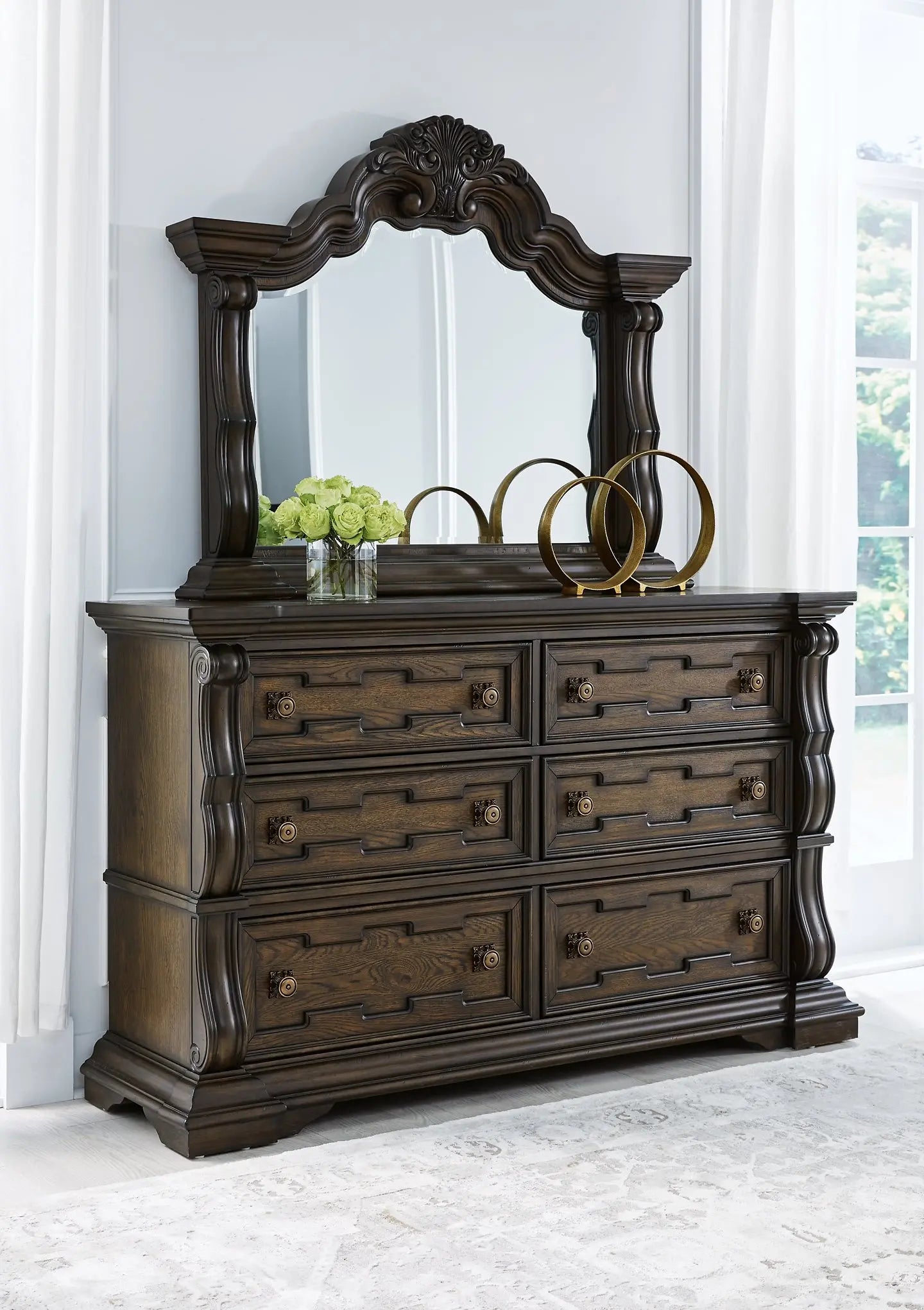 Maylee Queen Upholstered Bed with Mirrored Dresser and Nightstand at Lee Furniture, NC