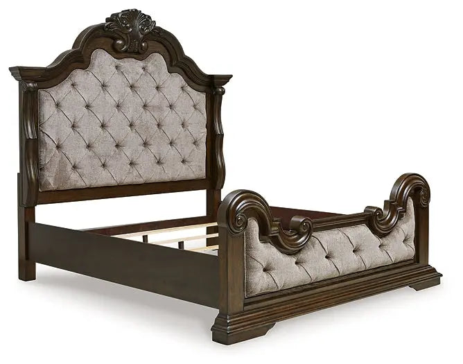 Maylee Queen Upholstered Bed with Mirrored Dresser and Nightstand at Lee Furniture, NC