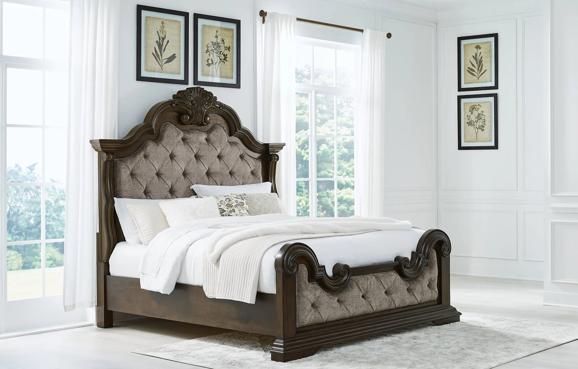 Maylee Queen Upholstered Bed with Mirrored Dresser and Nightstand at Lee Furniture, NC