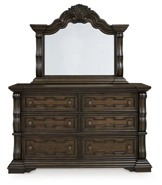 Maylee Queen Upholstered Bed with Mirrored Dresser and Nightstand at Lee Furniture, NC