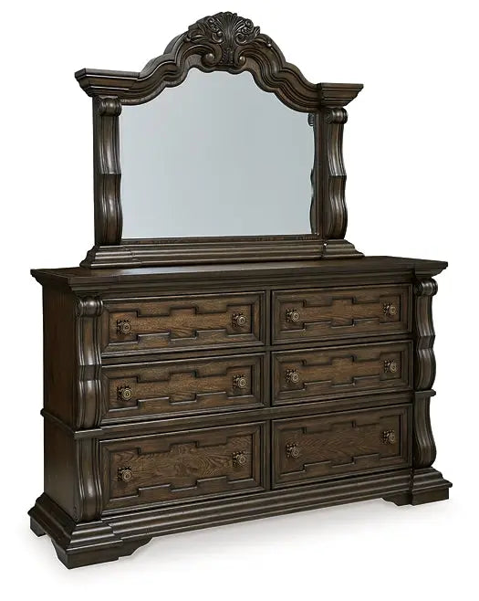 Maylee Queen Upholstered Bed with Mirrored Dresser and Nightstand at Lee Furniture, NC
