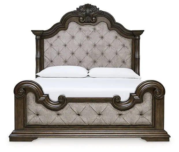 Maylee Queen Upholstered Bed with Mirrored Dresser and Nightstand at Lee Furniture, NC