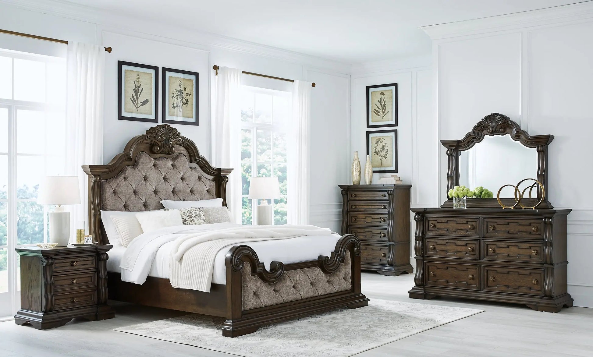 Maylee Queen Upholstered Bed with Mirrored Dresser and Nightstand at Lee Furniture, NC