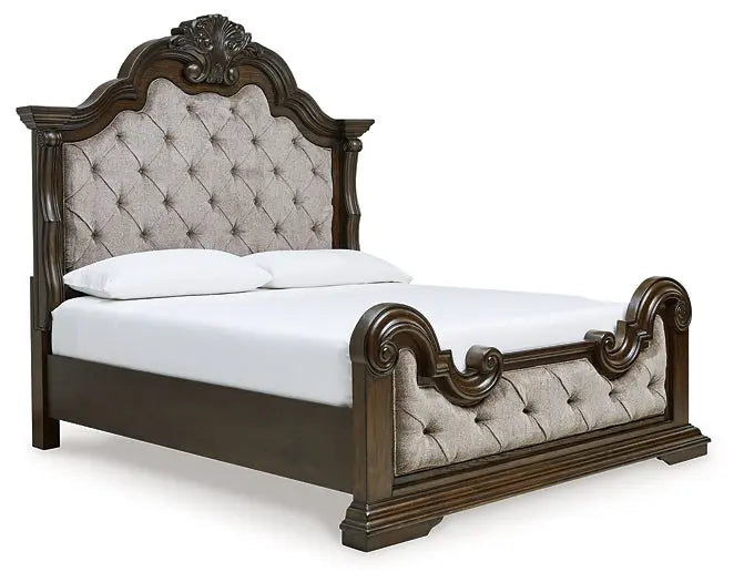 Maylee Queen Upholstered Bed with Mirrored Dresser and Nightstand at Lee Furniture, NC