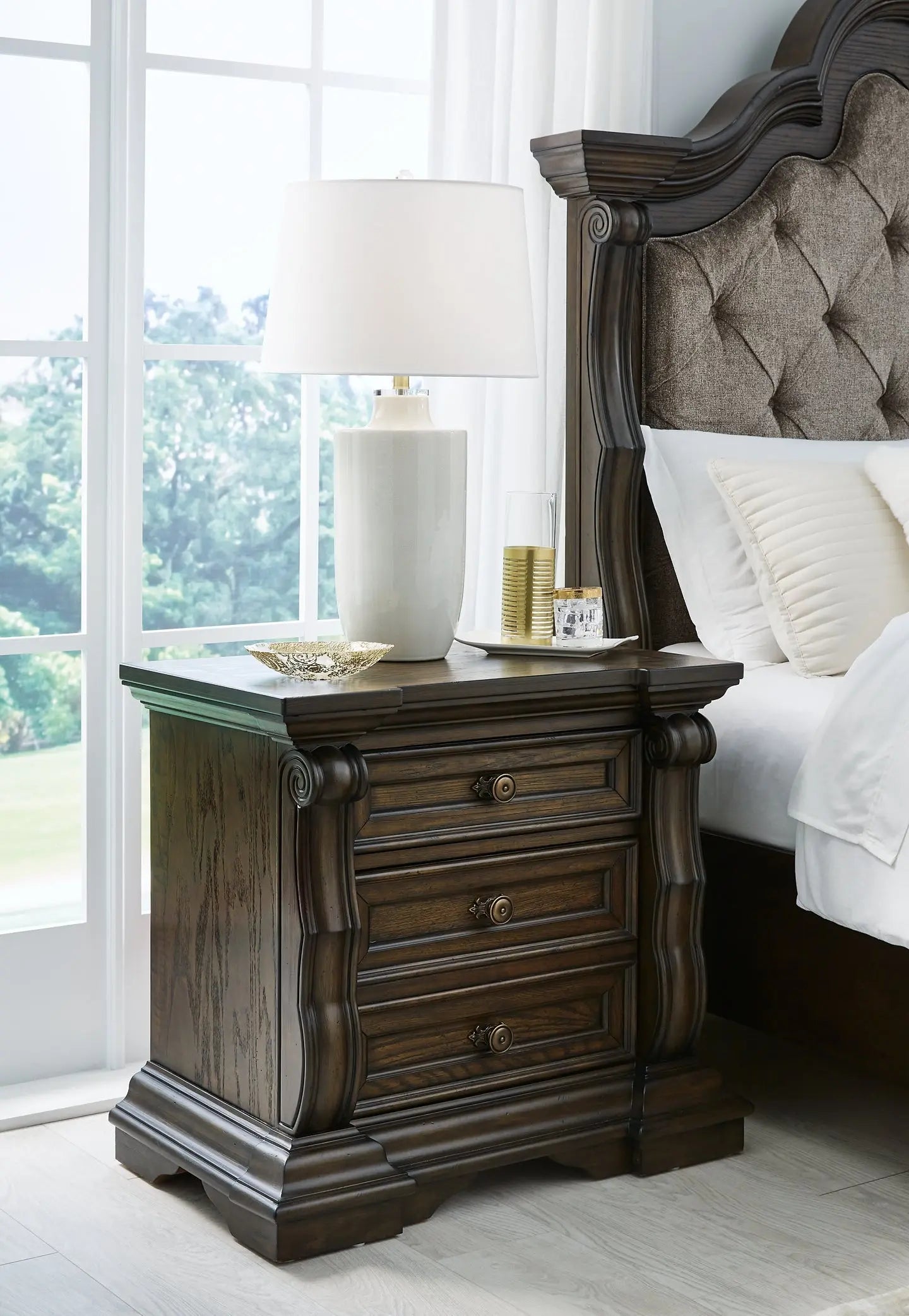 Maylee Queen Upholstered Bed with Mirrored Dresser and Nightstand at Lee Furniture, NC