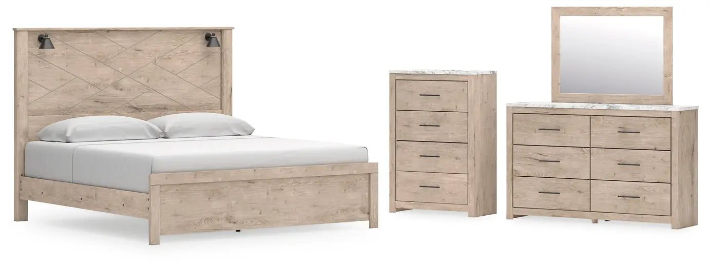 Senniberg King Panel Bed with Mirrored Dresser and Chest at Lee Furniture, NC