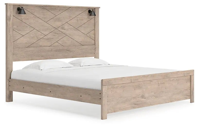 Senniberg King Panel Bed with Mirrored Dresser and Chest at Lee Furniture, NC