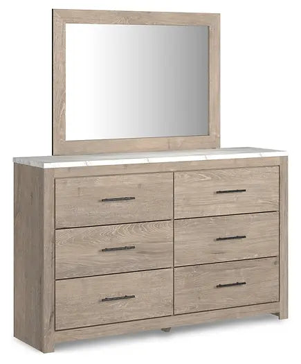 Senniberg King Panel Bed with Mirrored Dresser and Chest at Lee Furniture, NC
