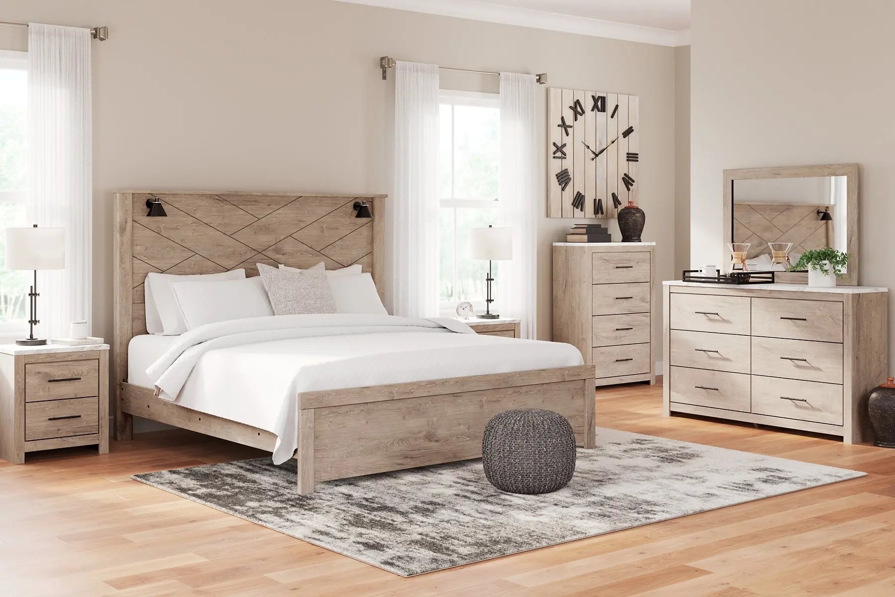 Senniberg King Panel Bed with Mirrored Dresser and Chest at Lee Furniture, NC